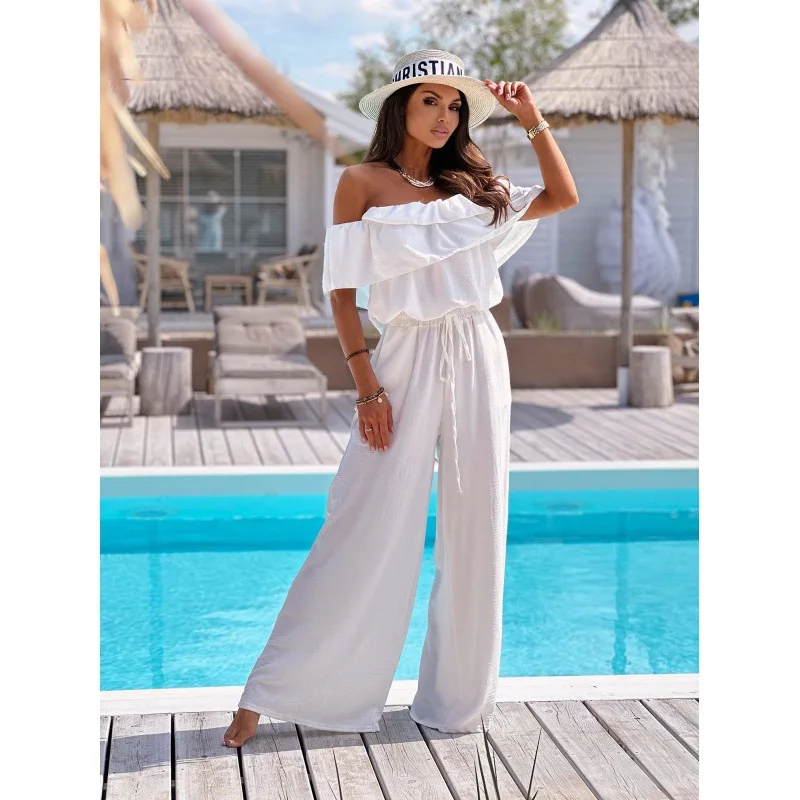 

Sexy Slash Neck Wide Leg Pants Jumpsuits Women's Clothing New Summer Fashion Ruffles Solid Color High Waist Jumpsuit For Woman