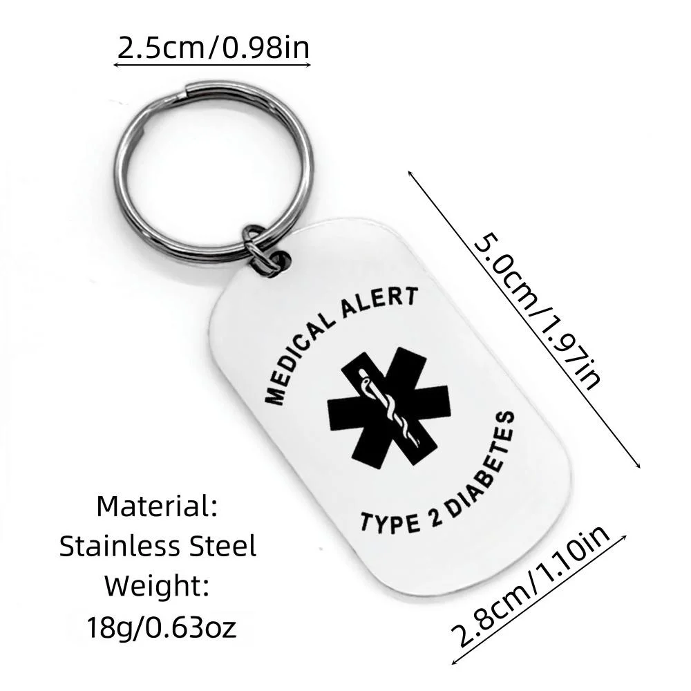 여성을위한 개인화 된 의료 경고 키 체인 남성 스테인레스 스틸 의료 ID 유형 2 당뇨병 맞춤 이름 열쇠 고리 환자 선물