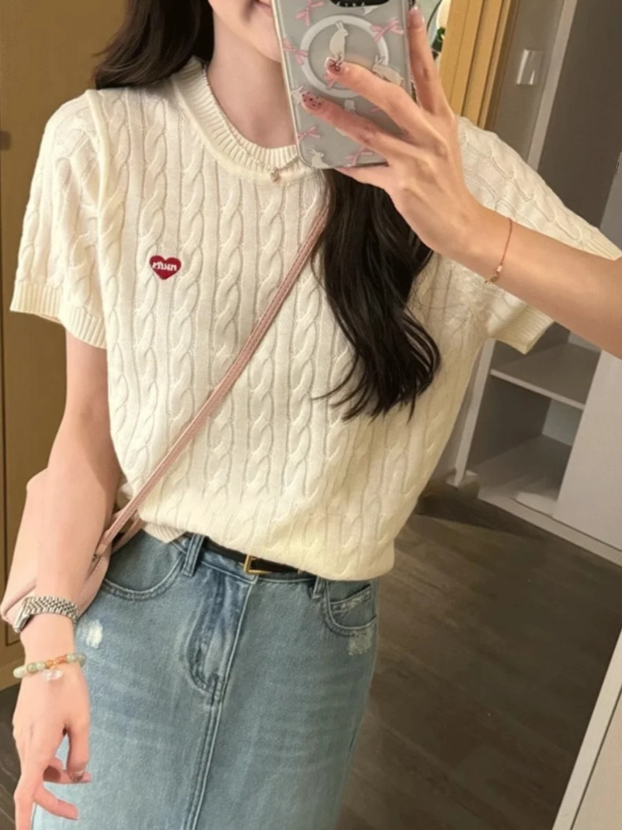 

Весна-лето Тонкая футболка с вышивкой Heart ort Sve Женская футболка базового слоя круглого цвета Ne Трикотаж Топ для поездок на работу Sle Summer Reg...