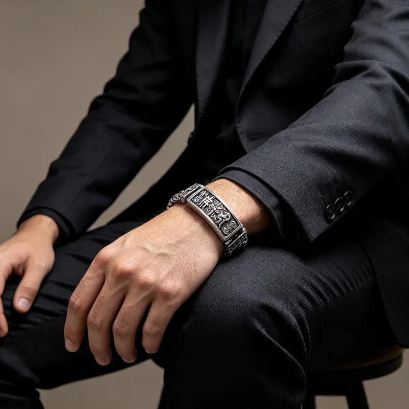 KALEN Vintage Engraved Symbol Stainless Steel Bracelet Men Stylish Versatile Cuban Chain Fashion Jewelry Valentine's Day Gifts