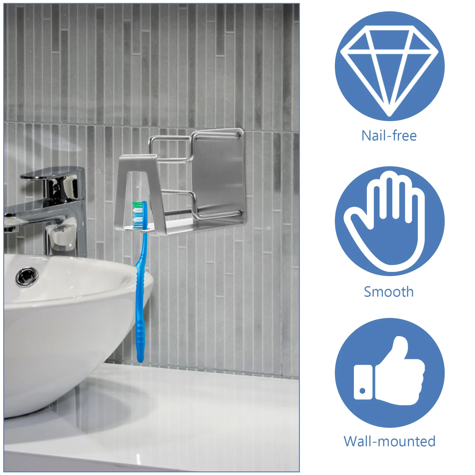

Stainless Steel 3 in Mounted Toothbrush Holder Nail Free Easy Install for Mirror Ceramic Tile Glass Bathroom