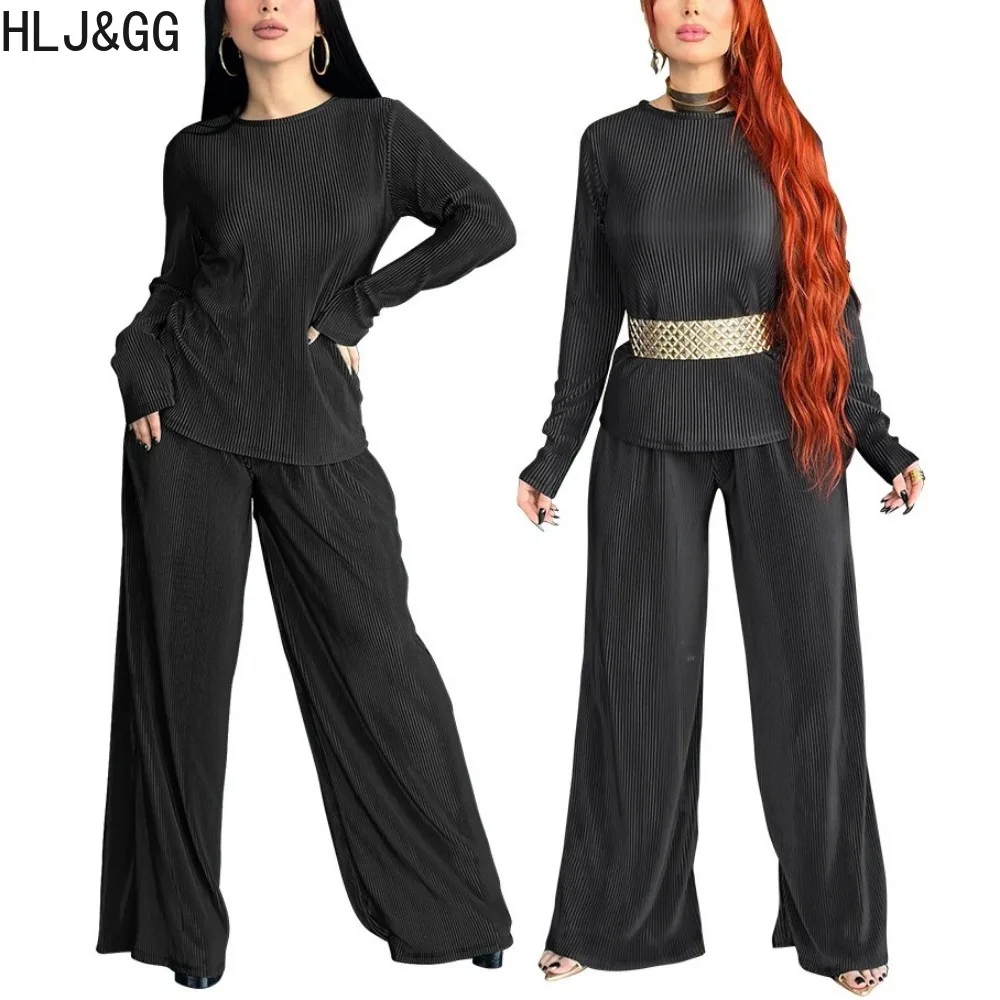 

HLJ&GG Black Casual Solid Wide Leg Pants Two Piece Sets Women Round Neck Long Sleeve Top And Pants Outfits Elegant OL Clothing