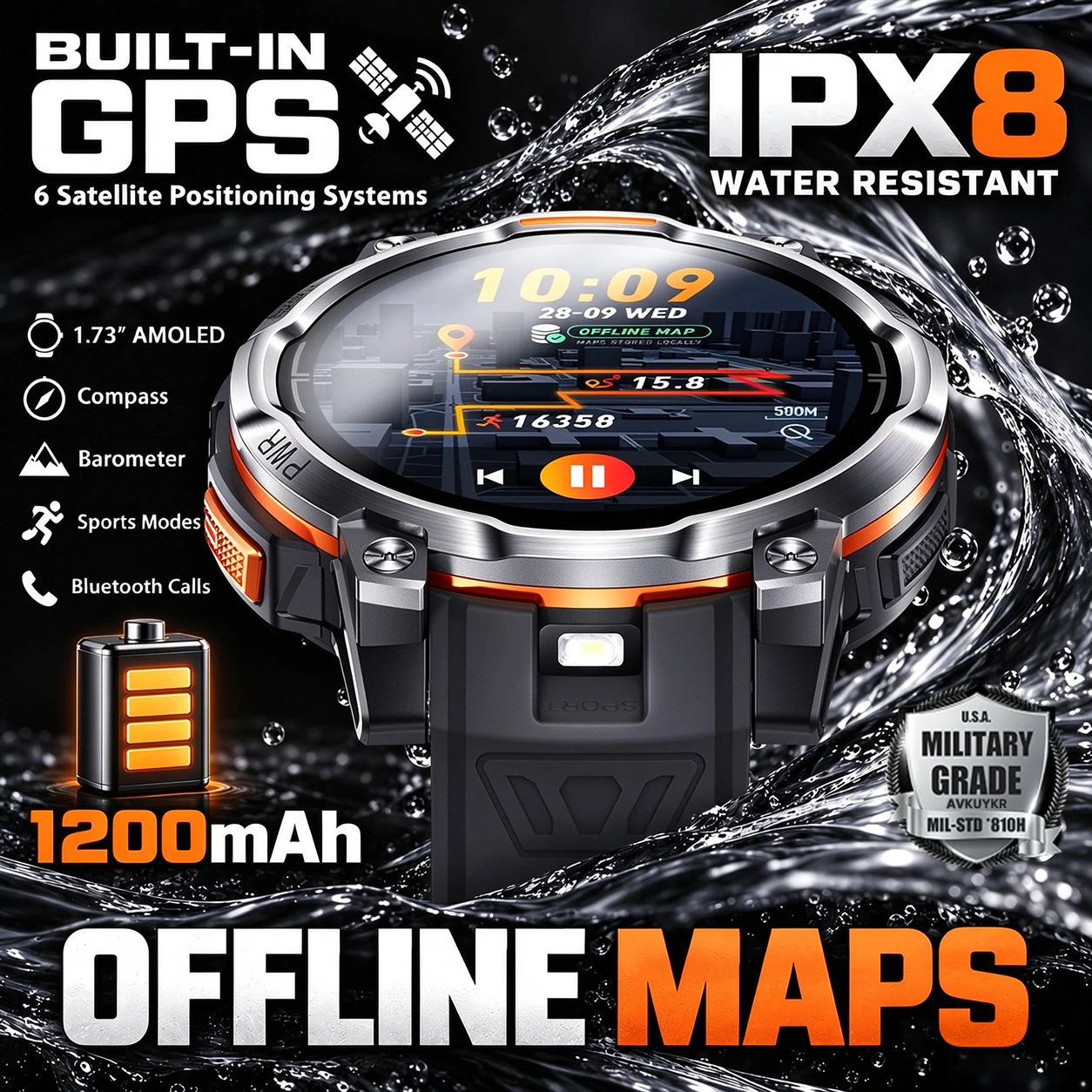 2026 Premium Outdoor GPS Offline Map Smart Watch Men 1.73inch AMOLED 1200mAh IPX8 Compass Barometer Bluetooth Calling Smartwatch