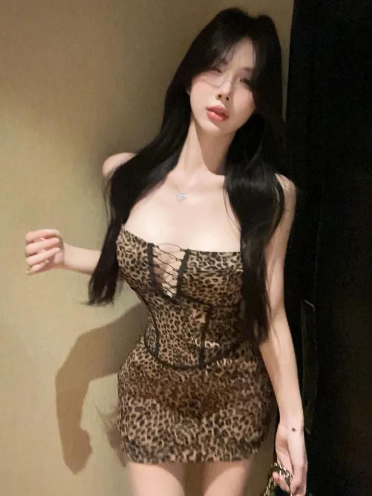

American Sexy Pure Desire Leopard Print Hollow out Belted Strap Dress Women Slimming Hot Girl Butt Dress Summer New Style