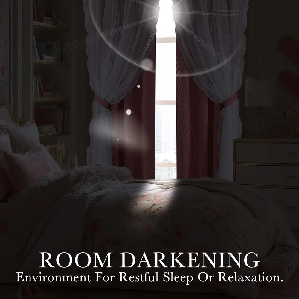 ブラッシュピンクの二重層リボンカーテン、シアーフリル付き、シャビーシックスタイル、52x84インチ、女の子の寝室用2枚セット