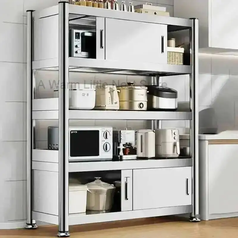 Cabinets with Kitchen Steel Floor Stainless Door Multi-layer Sliding Door Cabinet Storage Racks Multi-functional Home Furniture