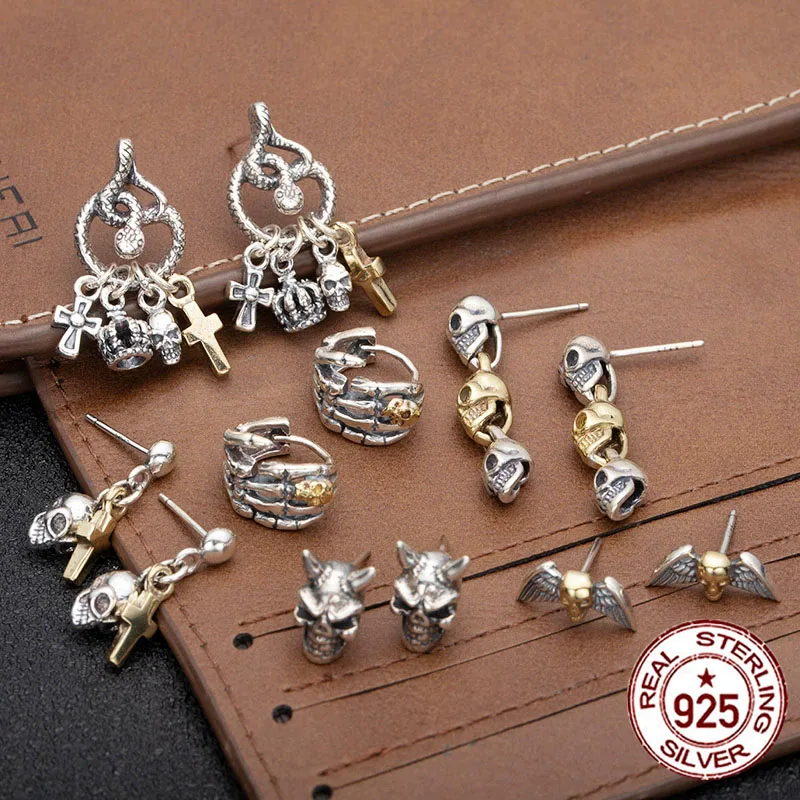S925 sterling silver trendy cool style skull earrings for men, creative personality, devil earrings, couple cross
