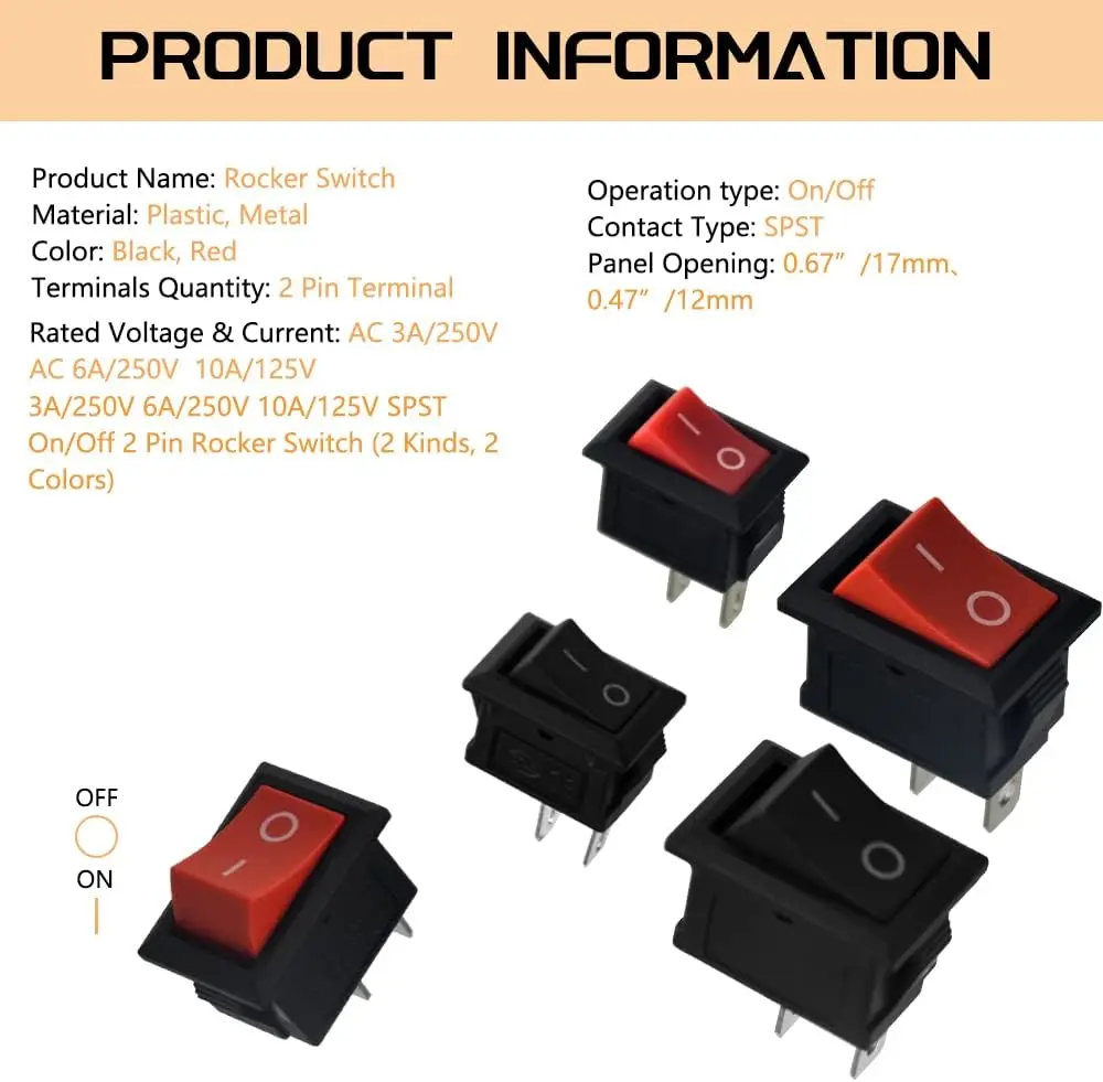 10pcs KCD1 2 pin Red Rocker Switch SPST 2 Position 250V 6A 125V 10A Boat Shaped Rocker Switch for auto Household appliances DIY