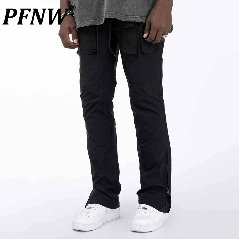 PFNW High Street Functional Multi-Pocket Micro Flare Cargo Pants Side Zipper Design Black Drawstring Casual Trousers 28W5652