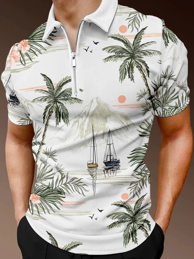 

Resort-Style Hawaiian Floral Coconut Tree Element Lapel Short-Sleeved Polo Print Top Zip Up Polo Shirt