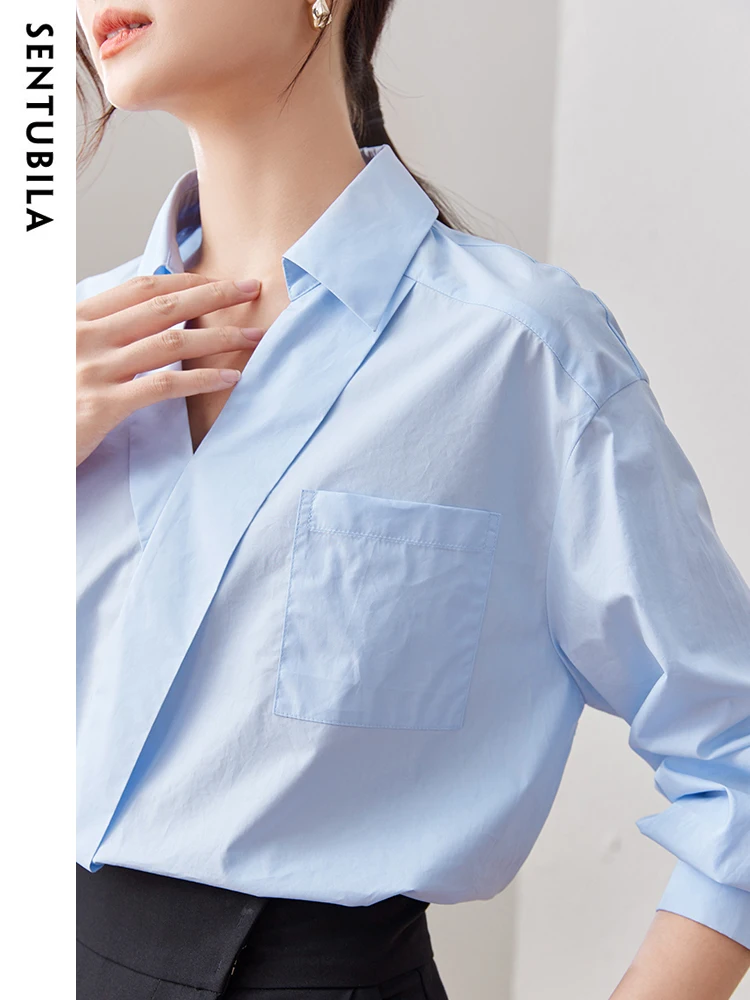 SENTUBILA Comfortabele 100% katoenen blauwe shirts voor dames 2024 Lente Elegante mode Tops met lange mouwen Shirts en blouses 133C50499