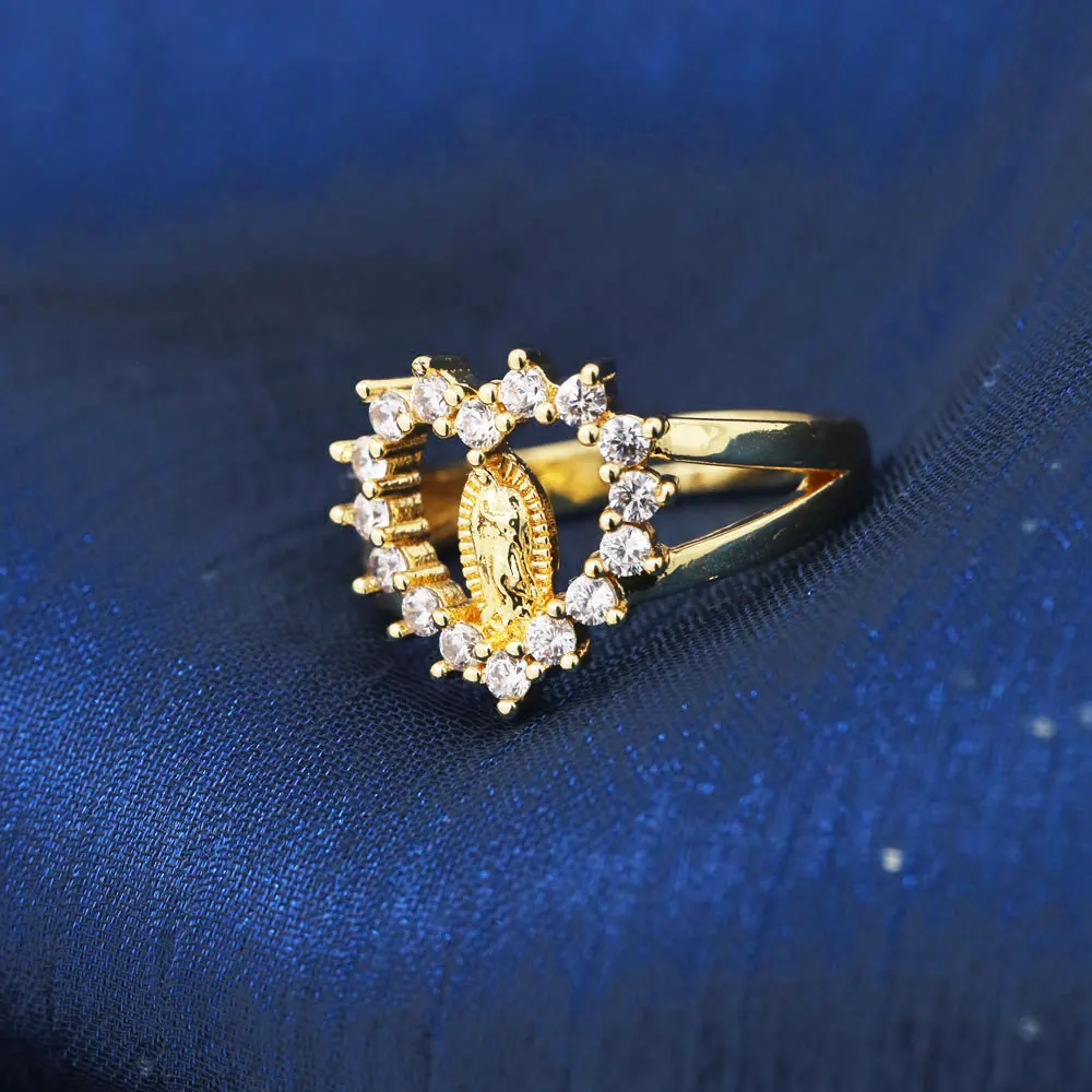 Geometric Shape Religious Women Ring Simple Versatile Plated Gold Copper Virgin Mary White Zircon Adjustable Ring