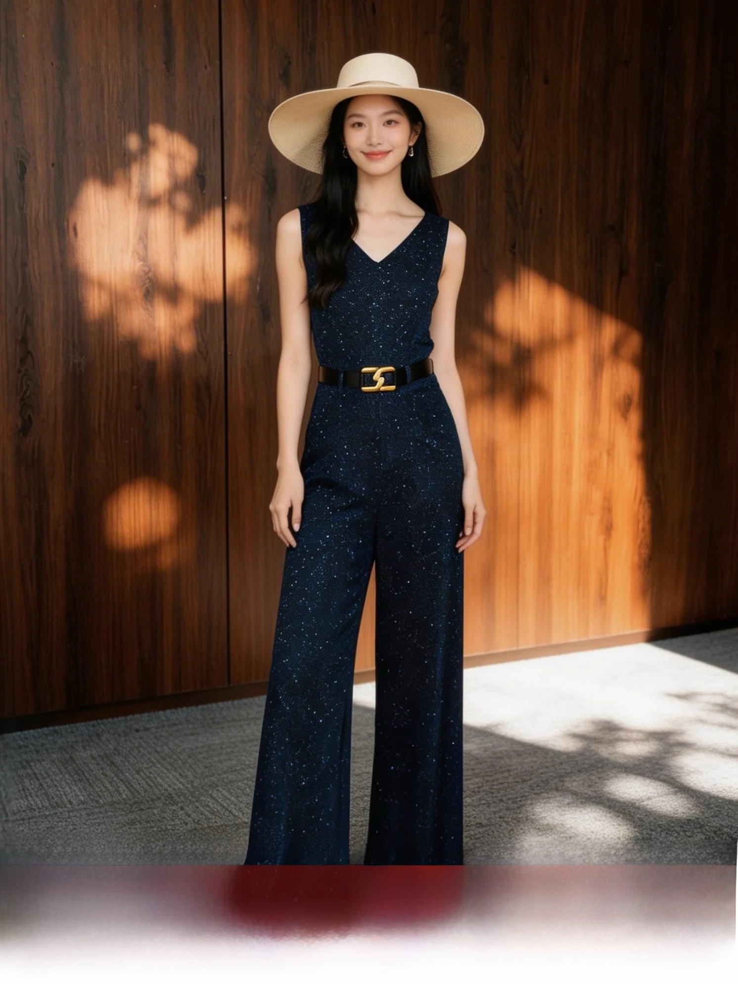 

Slimming Wide Leg Pants V Neck Casual Holiday Deep Blue Drapey Long Trousers Fashionable plus Size Women's Clothing