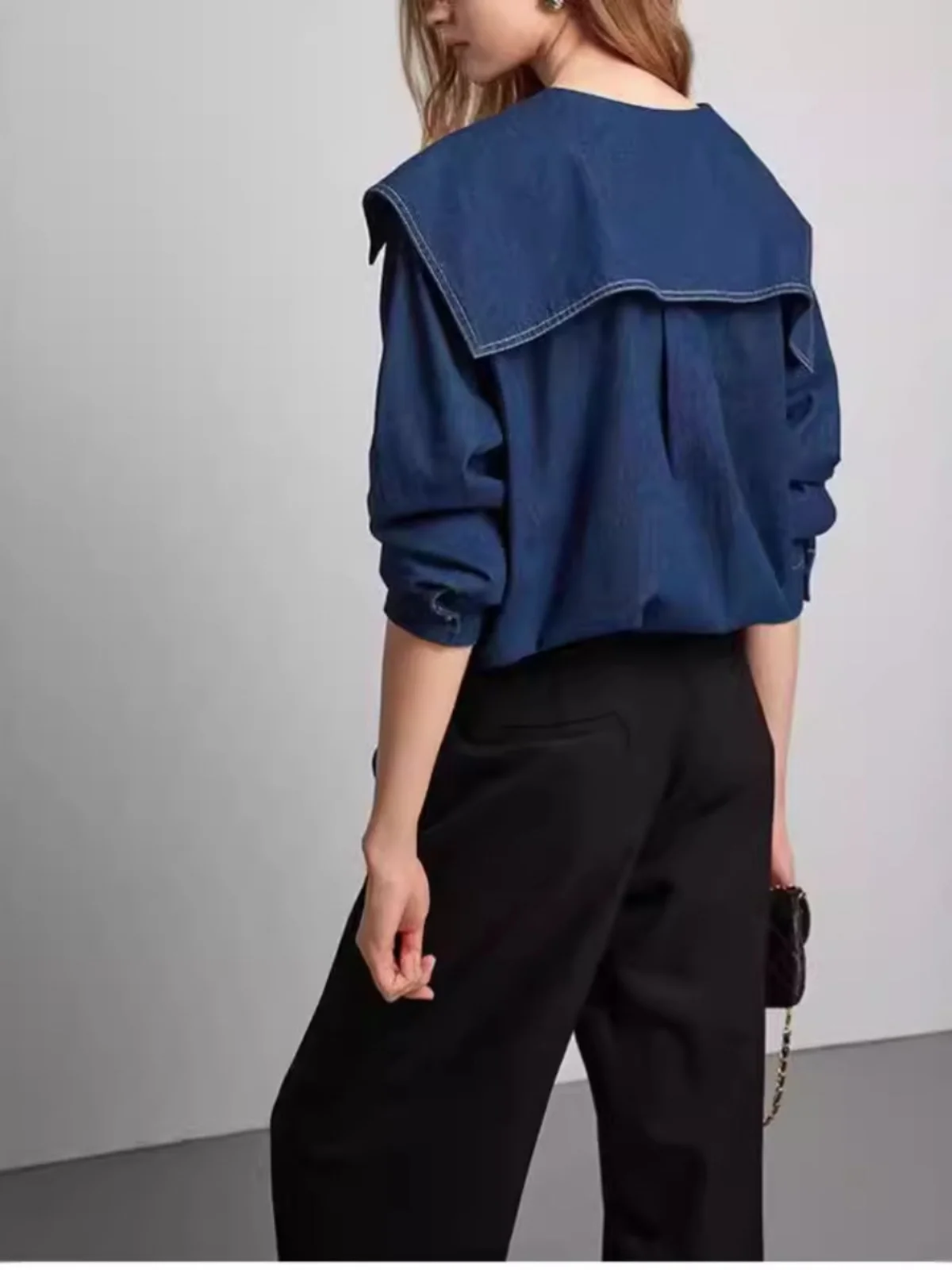 

Retro Long Sve Cowboy irt for Women Slimming French Sle Loose Fit Cotton Pure Color Top Quali Ladies' irt