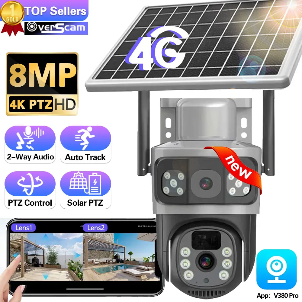 

V380 Dual Lens 4G Camera Solar PIR Human Detection Night Vision Waterproof Security Video IP Camara 8MP 4K Battery CCTV Monitor