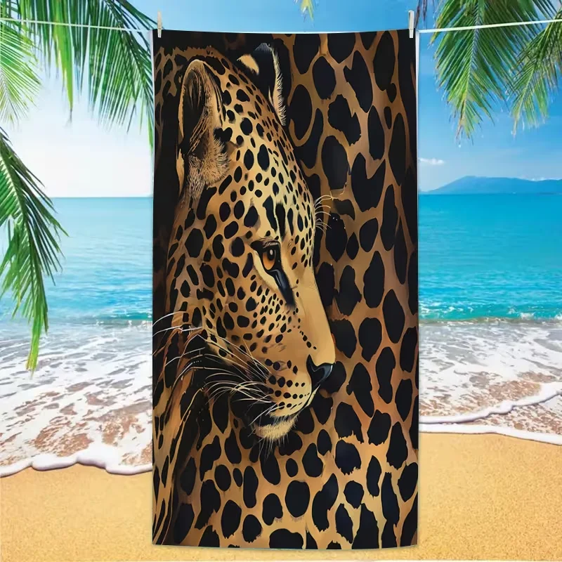 Realistic Fashion Leopard Head Print Beach Towel Wild Animal Print Absorbent Quick Dry Soft Towel for Beach Pool Vacation Use