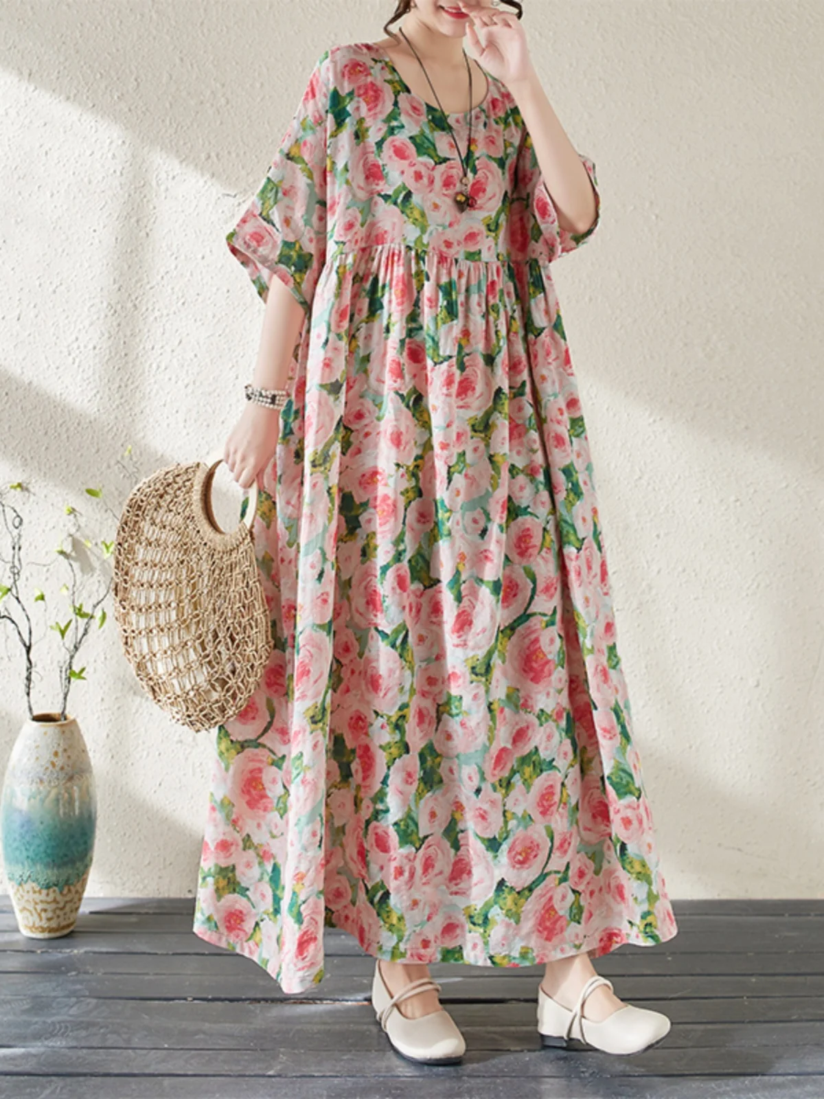 

N Print Maxi Dr Лето большого размера Расклешенная пляжная праздничная рубашка из смеси хлопка Удобная юбка трапециевидной формы Длинная Dr