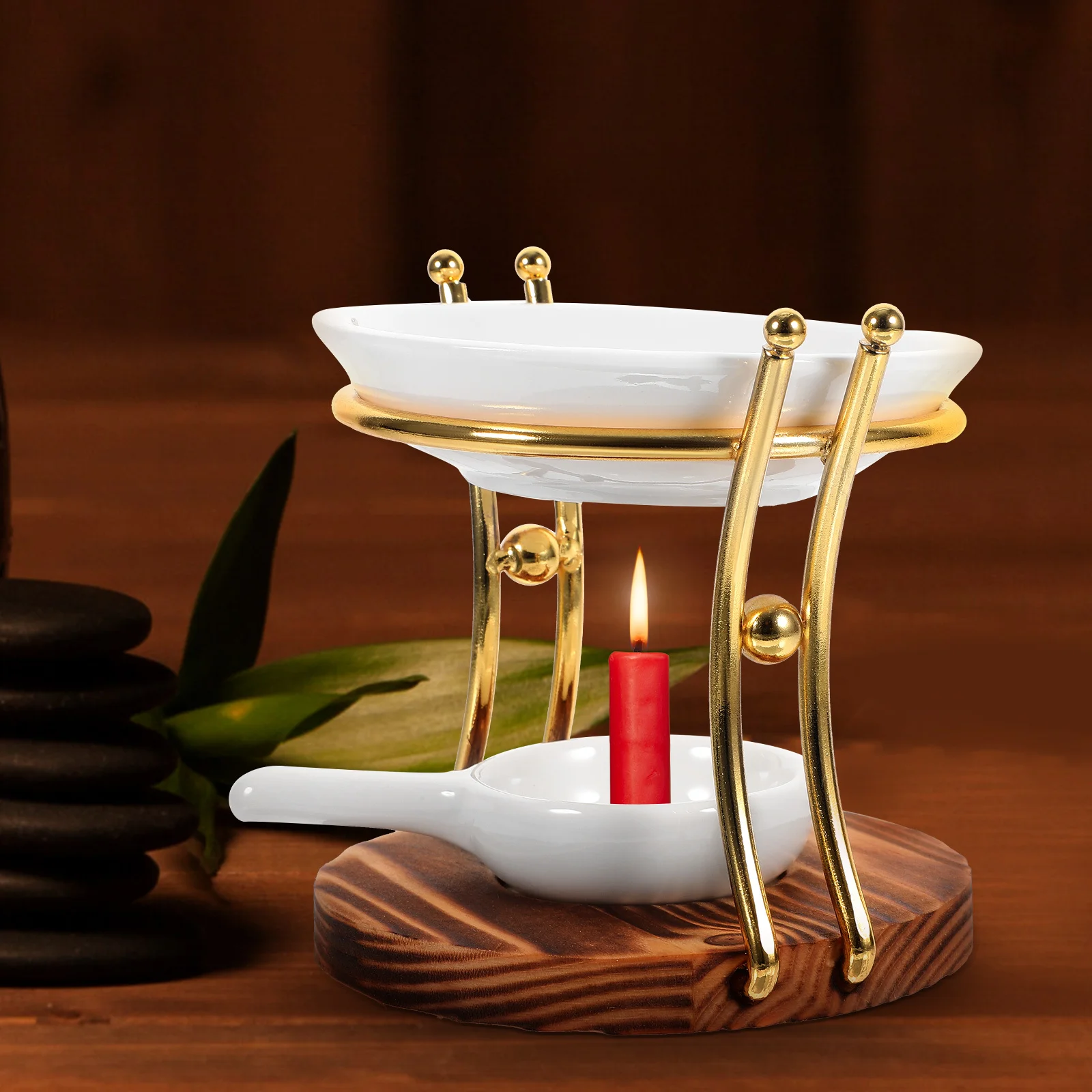 

1Set Essential Oil Burner Ceramic Iron Frame Wood Base Aromatherapy Holder Tealight Wax Warmer Decoration