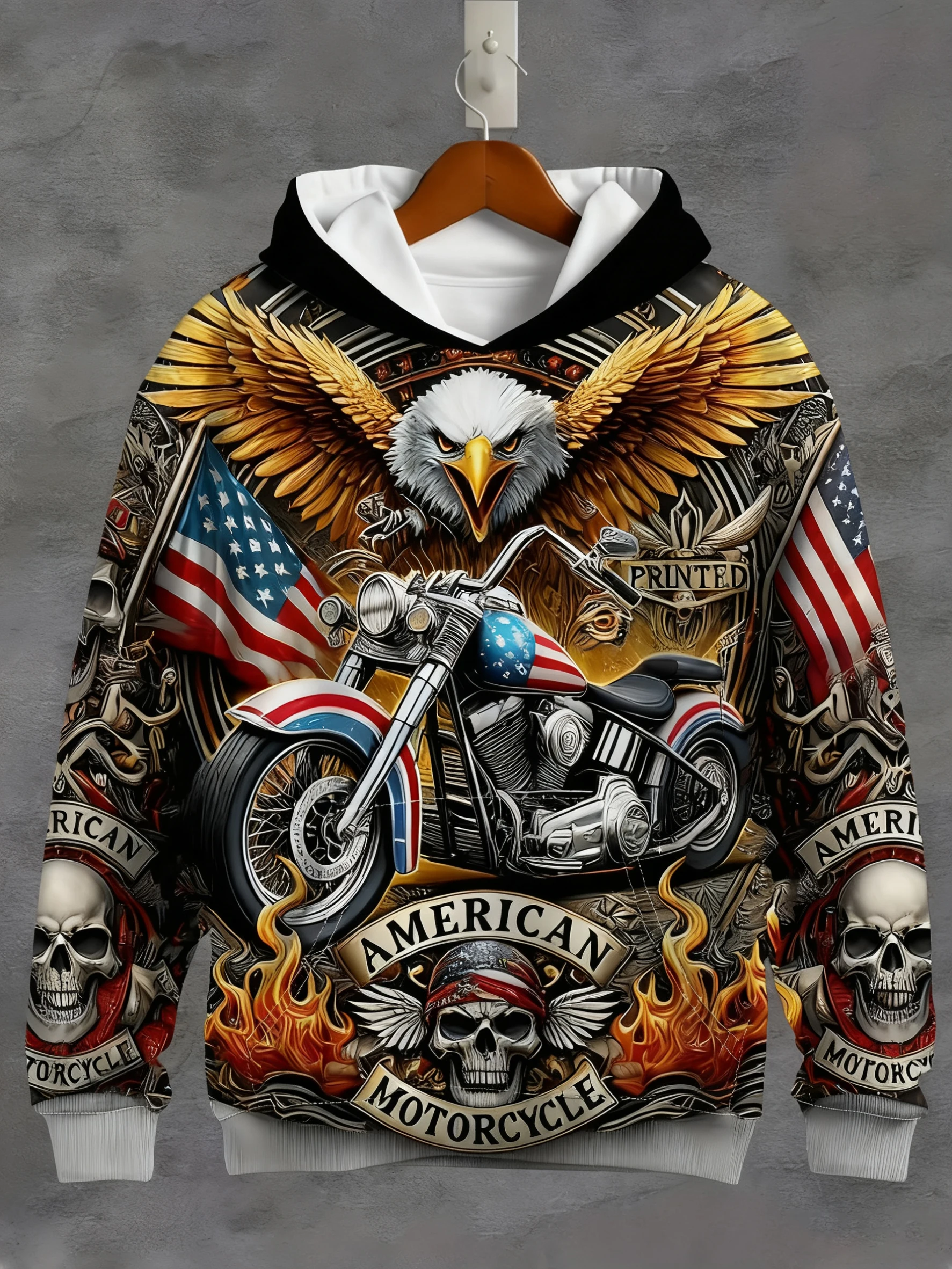 

Men's Patriotic Eagle Motorcycle Hoodie. Long-Sleeved Casual Pullover Drawstring Pockets American Flag Print Perfect Fall Wint