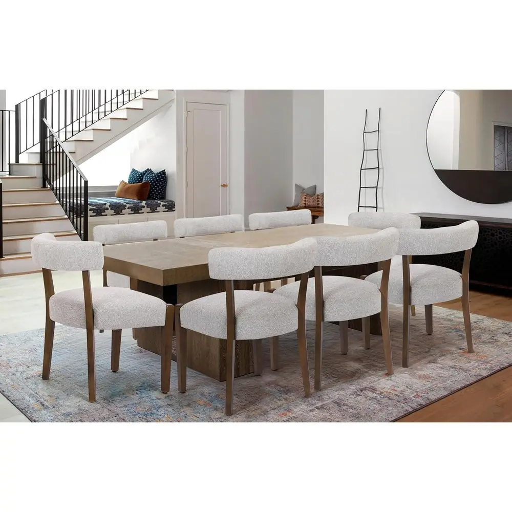 

8-Piece Walnut Upholstered Dining Chairs Set, Oversized Curved Back with Beige Fabric Seat