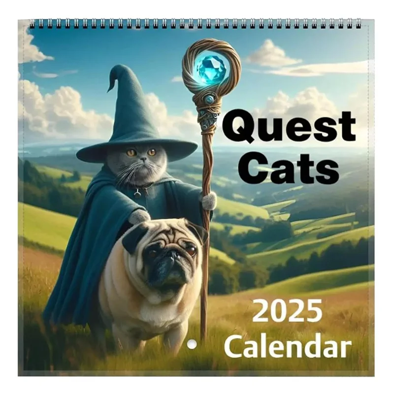 

XB-2025 Странный средневековый календарь Quests Cats 2025, настенный ежемесячный календарь с забавным котом, календарь на 2025 год