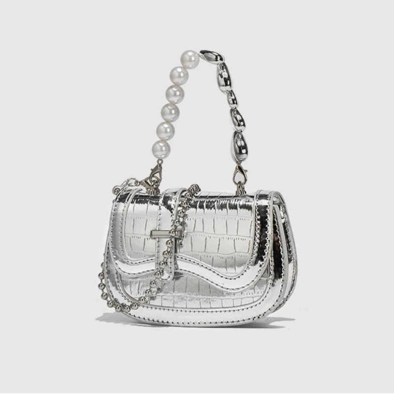 Pearl Chain Children Messenger Bags Crossarm Fashion Silver Handheld Girl Purse and Handbags Shoulder Bags Mother Kids Bag Sac view 6