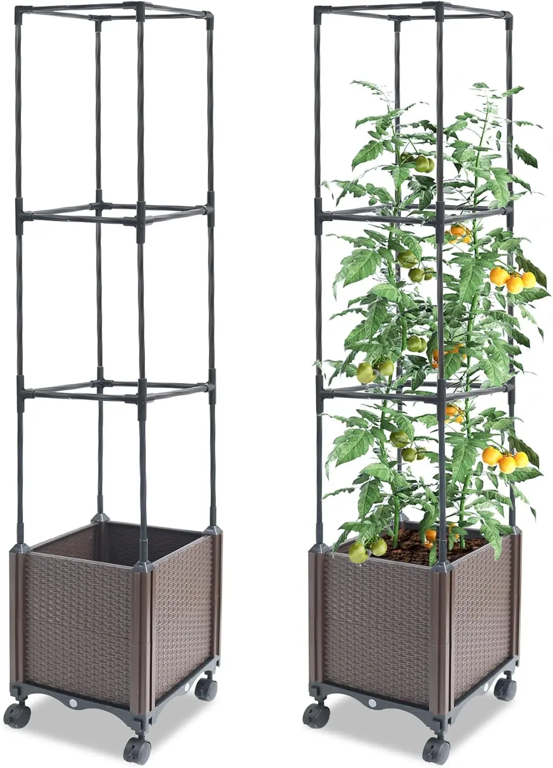 

Raised Garden Bed with Tomato Planter Cage, 50.4" Self Watering Tomato Planter Cage with Trellis Wheels, Brown