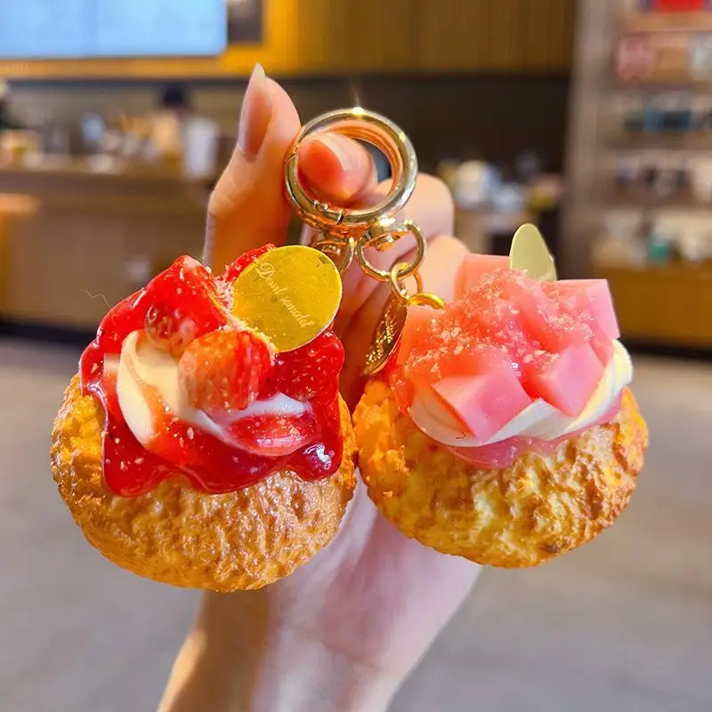 Simulated Fruit Puff Keychain Vibrant Color Cartoon PU Food Pendant Adorable Dessert Ornament for Handbag Key Decor