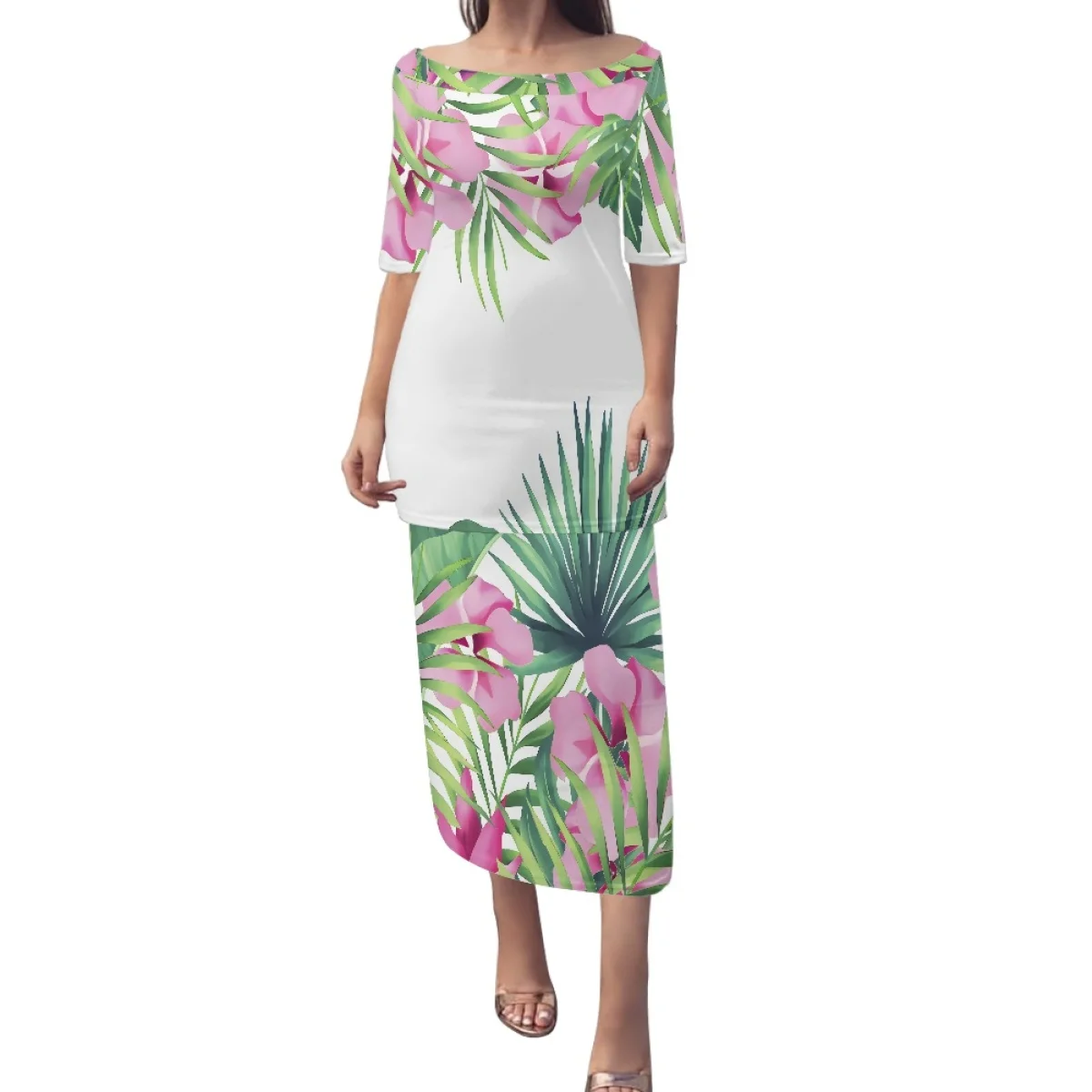

Polynesian Tribal Maxi Dress Samoa Puletasi Plus Size Womens Plumeria Island Dress 2 Piece Off Shoulder Womenswear