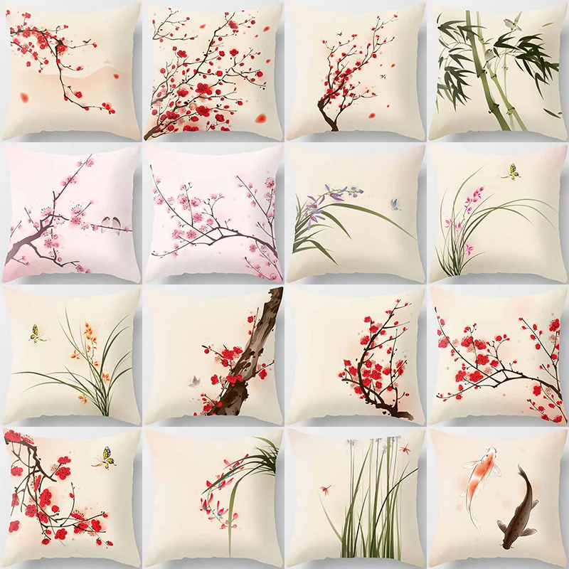 Beauty Fishes Red Plum Blossom Birds on The Bamboo Pillow Cases Short Plush High Quality Square Thick Pillow Case Covers