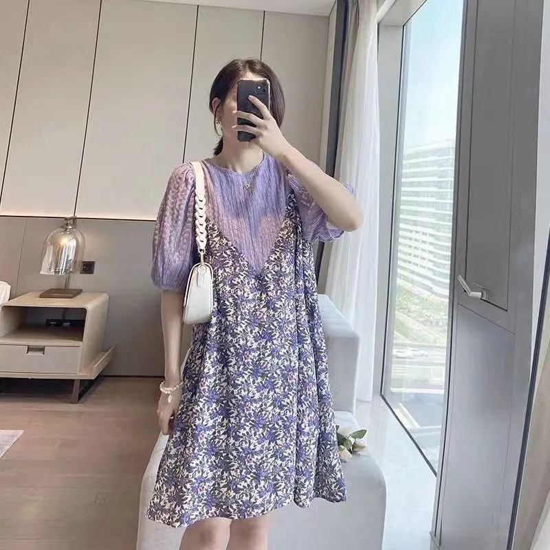 2023 New Pregnant Women's Summer Purple Mid sleeved Dress Outgoing Mid length Flower Pattern Printed Maternity Dress LE946