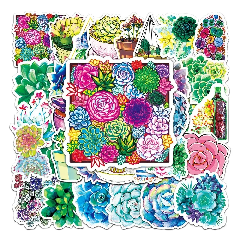 50PCS Watercolor Cartoon Succulent Stickers for Luggage Laptop Ipad Cup Journal  Notebook Decorative Stickers