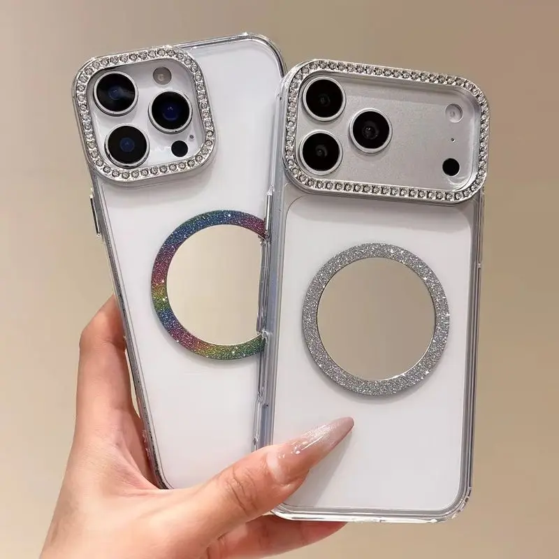 Elegant Glitter Magnetic Makeup Mirror Phone Case for 17 Pro Max Rhinestone Slim Clear TPU Protective Cover for iPhone 16 15 14