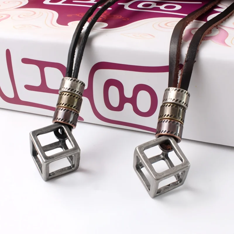 

Adjustable Long Rope Chain with Hollow Cube Pendant Necklace Men Vintage Jewelry on the Neck Accessories Fashion Male Gifts