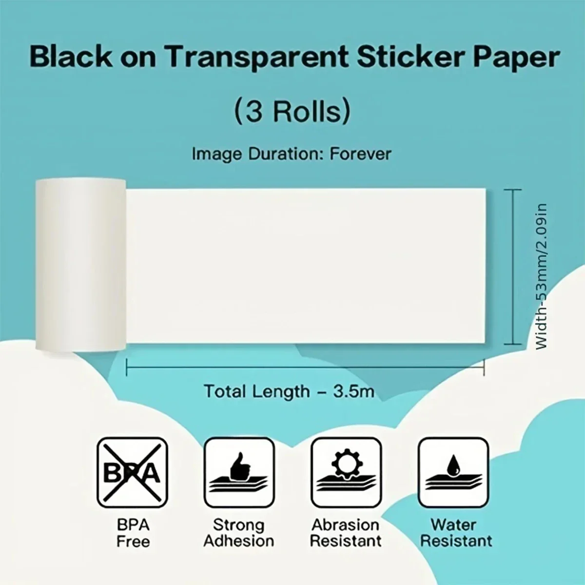 Papier thermique transparent pour mini imprimante M02/T02, 3 rouleaux, noir sur transparent, pour étudier les notes, photos, liste, autocollants