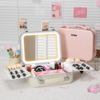 Portable Makeup Organizer Box with LED Light & Mirror – Travel-Friendly Cosmetic Train…