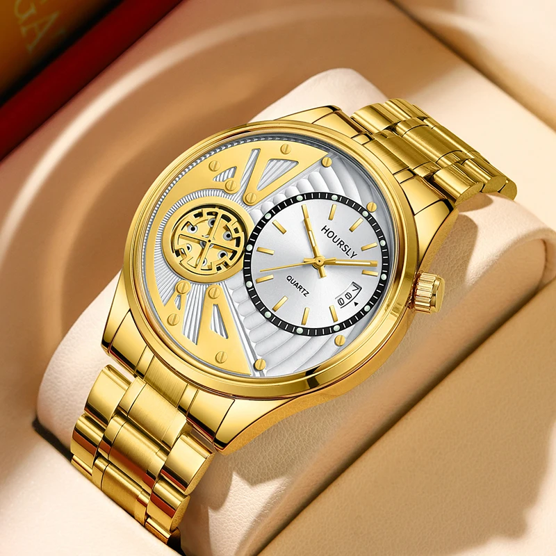 

Золотые мужские наручные часы, уникальный дизайн, креативные мужские часы, модные мужские кварцевые наручные часы высокого качества, стальной ремешок, топ класса люкс