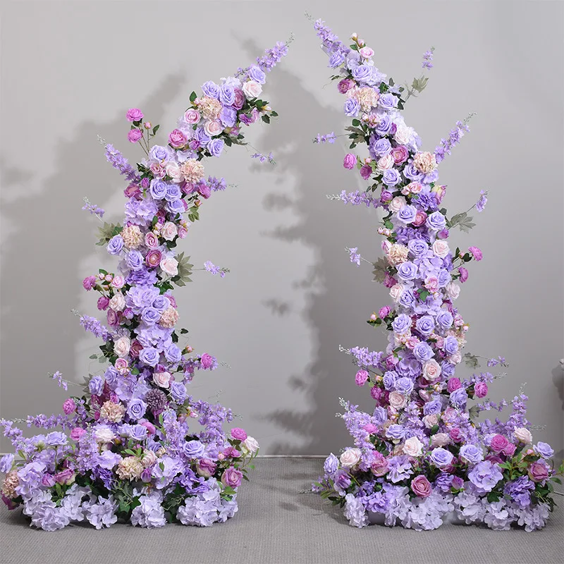

New purple simulated flower art wrought iron horn shelf decoration long row of flowers wedding scene arrangement horn flower fak