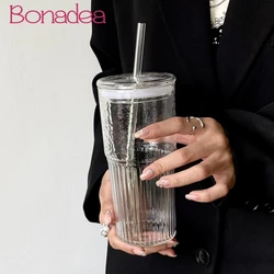 600ML Large Capacity Stripe Glass Cup with Lid and Straw Transparent Drinking Glasses for Juice Water Cup Outdoor Drinkware Mug