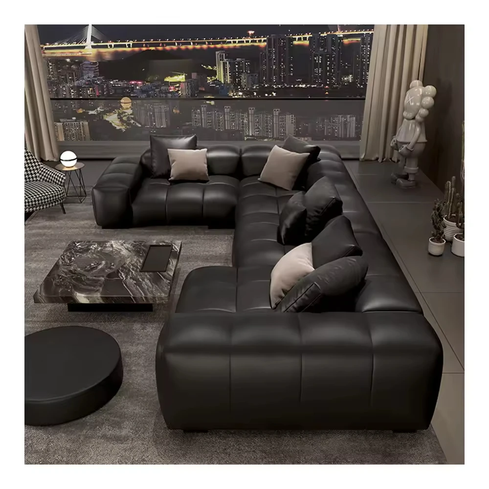 

#Italian Pixel's Stylish New Design Sectional Sofa Full Leather With Brushed Wood & Velvet Modular Corner Bed