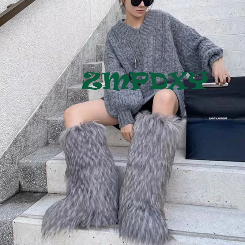 New Y2K Boots Women Winter Furry Fluffy Snow Boots Mongolian Fur Platform Snow Boots Long Boots Faux Fur Snow Boot Girls Shoes