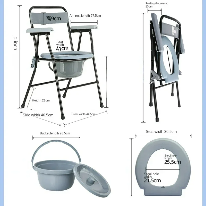 Portable Elderly Commode Chair  Foldable Toilet Seat with HandHeld Bucket, Senior Mobility Aid, Bathroom Helper for Home Care