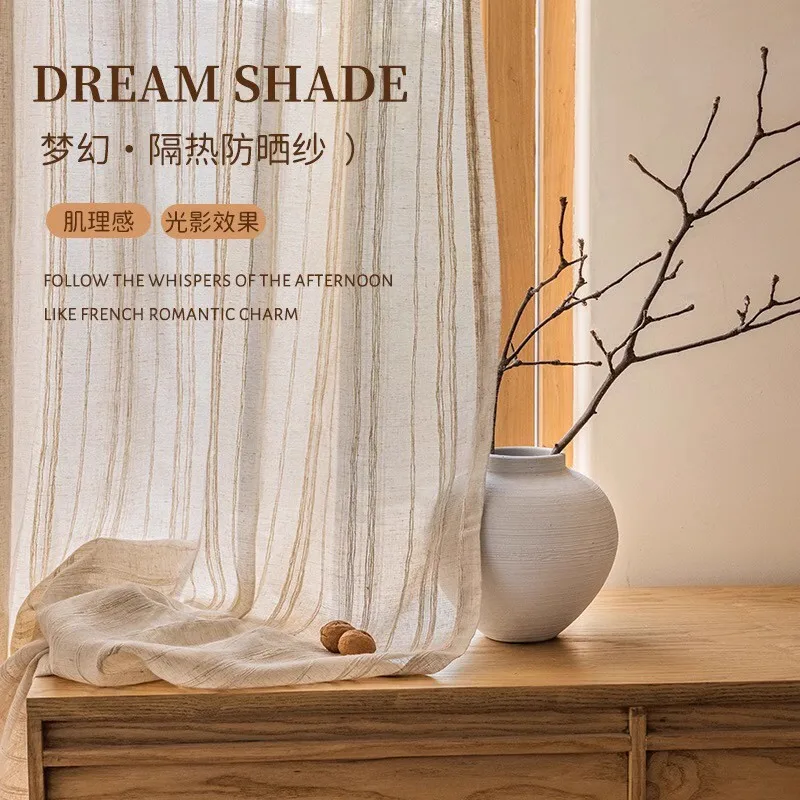 Custom Size Striped Jacquard Linen Sheer Curtains for Living Room Bedroom Japan Style Tulle Curtains Simple Design Blinds