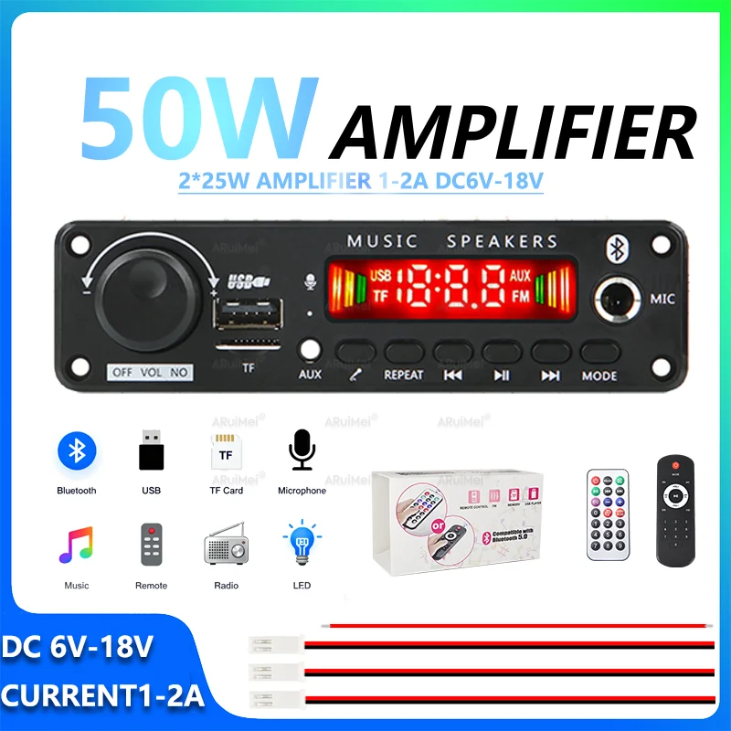 2x25W & 4x100W Bluetooth Amplifier Kit with Remote Display DC8V-26V Power Adapter for Car Audio Home Theater PC DIY Speaker