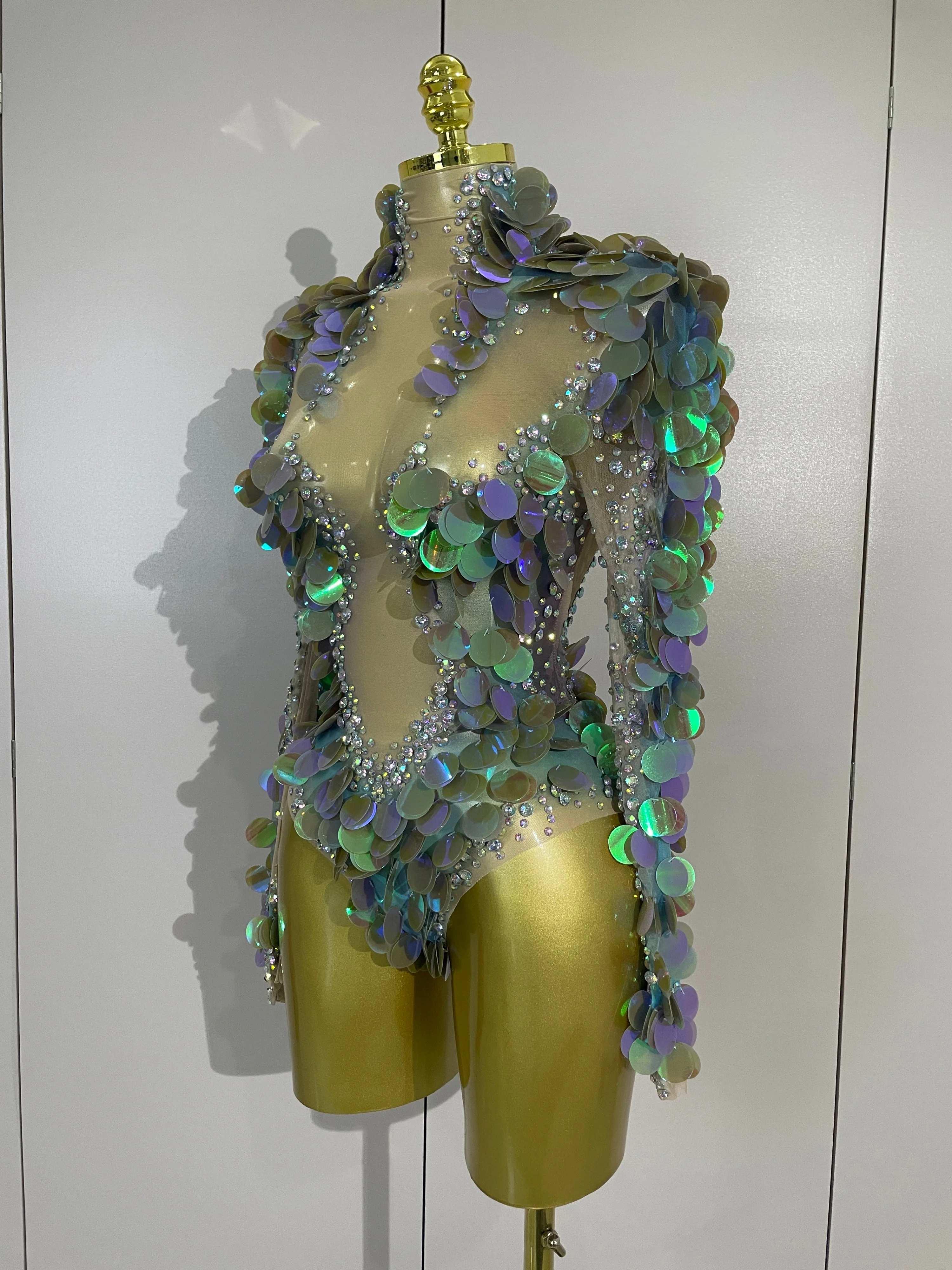 Luxury Sparkly Rhinestones Colorful Sequins Sexy Mesh Stretch Bodysuits Eveing Birthday Party Nightclub Singer Dancer Stage Wear