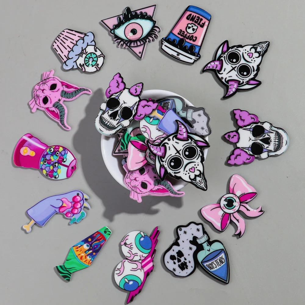 10pcs/lot Halloween Pink Cartoon Cat Sheep Eyeballs Acrylic Charms Pendant for DIY Jewelry Making keychain Earring Accessories
