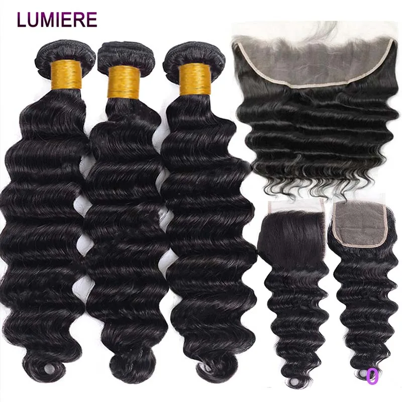 Extensions de cheveux humains Remy vierges à ondulations profondes lâches, en lots avec closure frontale, 30 32 pouces