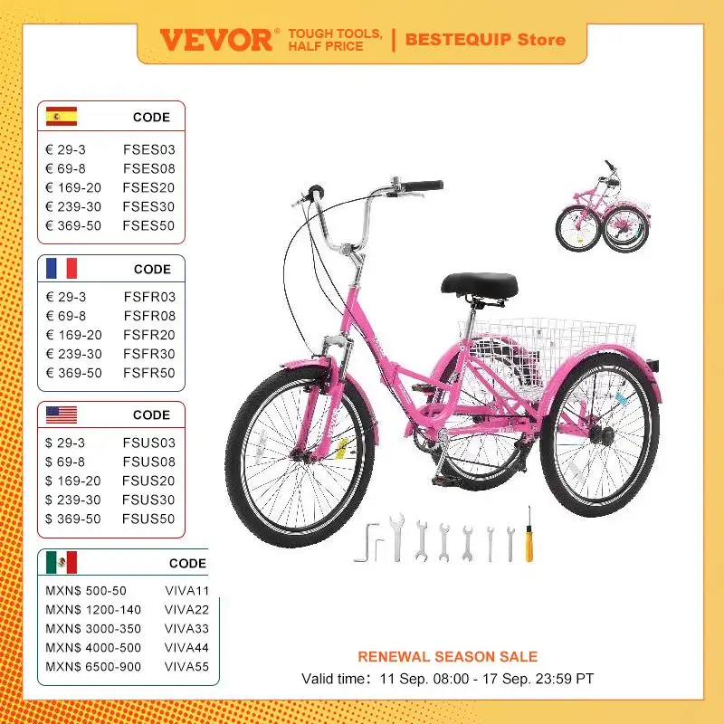 VEVOR 24inch 7-Speed Folding Adult Tricycle Folding Trikes Carbon Steel 3 Wheel Cruiser Bike with Basket for Shopping Picnic