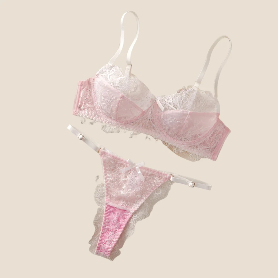 

Ellolace Cute Women's Lingerie Sets Romantic Contrast Color Lace Bra Hilitos 2PC Sweet Eyelash Bownot Youth Girls' Underwear