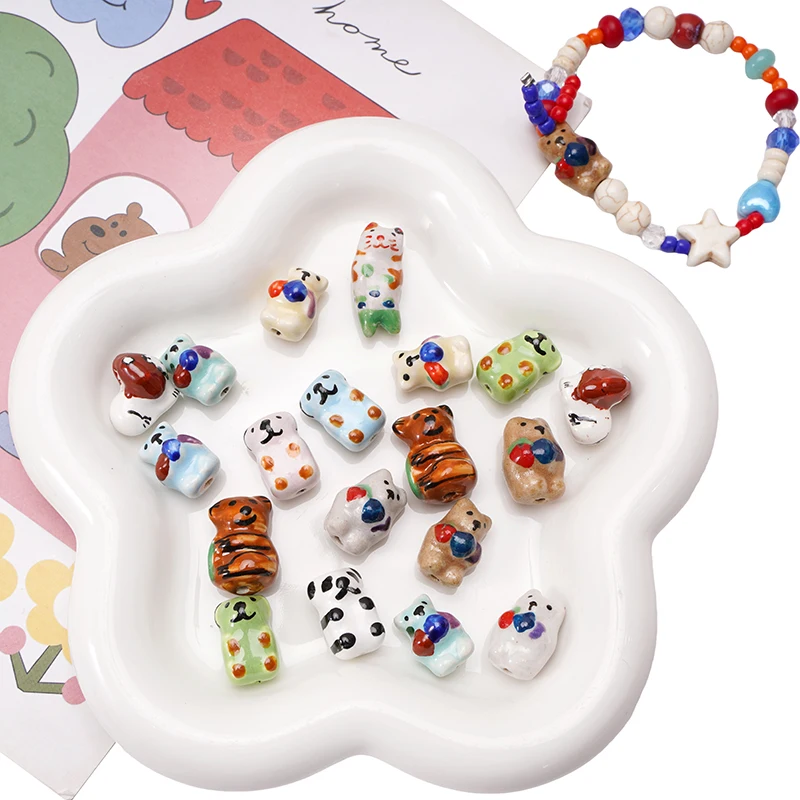 1pc Cute Hand Painting Panda Bear Cat Ceramic Beads Charms Loose Spacer Beads for Jewelry Making Crafts Diy Bracelet Accessories
